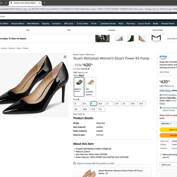 Stuart Weitzman Anny 70 Pointy Toe Pump Black Patent Heel Women NEW NIBSAVE $250 - Picture 2 of 16
